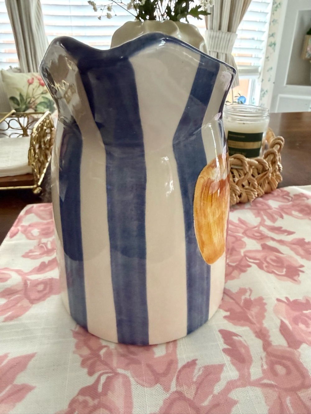 Laurie Gates Los Angeles Pottery Apple Pitcher - Blue & White Stripe - Vintage - Picture 4 of 8